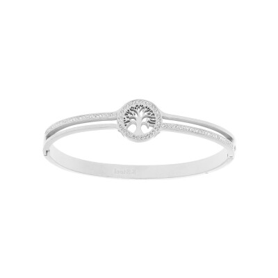 Bracelet acier articule demi rail résine et oxydes blancs avec arbre de vie oxydes blancs diam 58mm