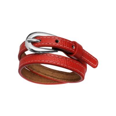 Bracelet acier et cuir bovin 2 rangs fermeture ceinture rouge