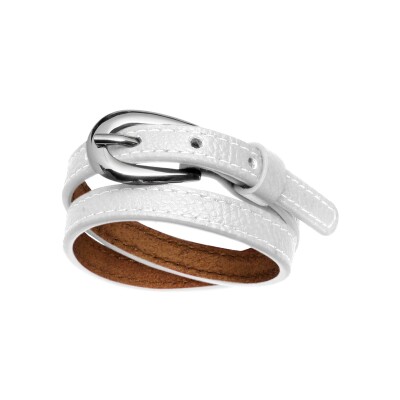 Bracelet acier et cuir bovin 2 rangs fermeture ceinture blanc