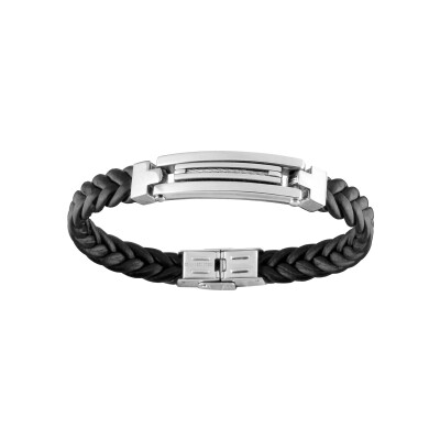 Bracelet acier tresse cuir noir plaque cable 21cm réglable