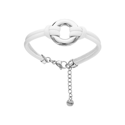 Bracelet acier et cuir bovin blanc 2 rangs motif cercle 18+3cm