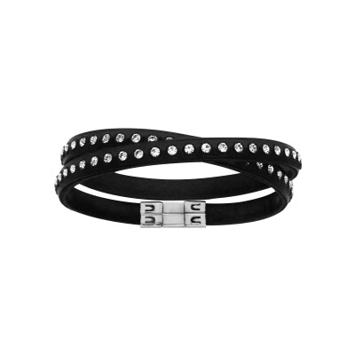 Bracelet acier et cuir bovin noir enroule 2 tours 36cm cristal serti