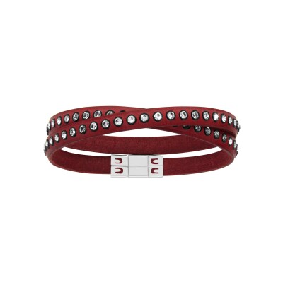 Bracelet acier et cuir bovin rouge enroulee 2 tours 36cm cristal serti