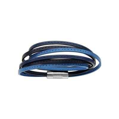 Bracelet cuir bovin 3 tons bleu enroule 2 tours fermoir acier aimante