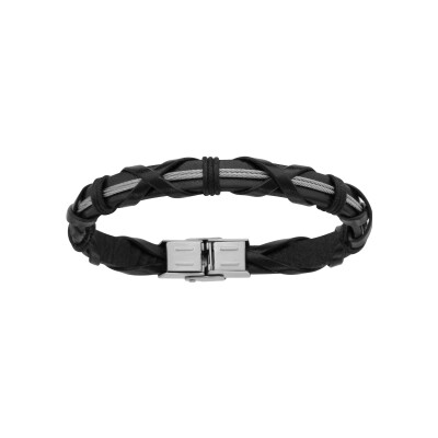 Bracelet acier et cuir bovin noir tresse et double cable 21cm