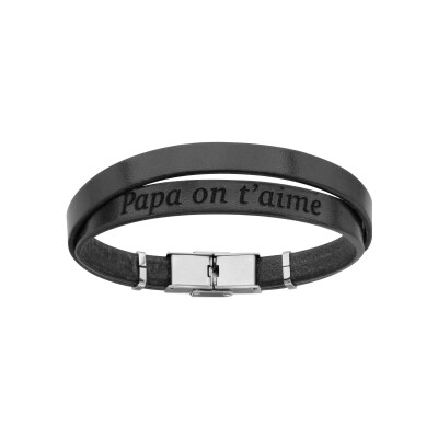 Bracelet acier et cuir bovin noir double modele homme message cache 