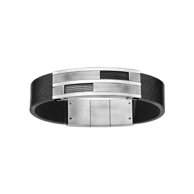 Bracelet acier et cuir bovin noir plaque avec cable gris et noir 20cm + 1cm double fermoir