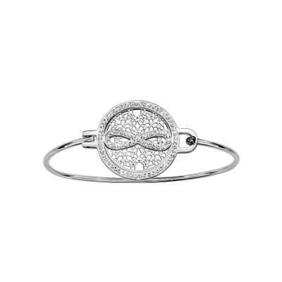 Bracelet acier jonc pastille ronde motif infini résine et strass blanc
