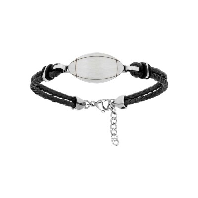Bracelet acier et cuir junior double rang noir ballon de rugby 16cm + 3cm