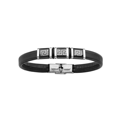 Bracelet acier et cuir bovin motif grec noir 21cm réglable