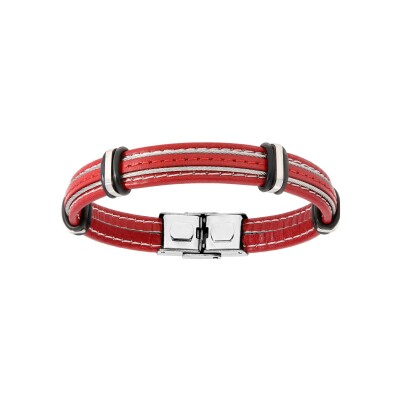 Bracelet acier et cuir bovin rouge avec 2 cables gris réglable 20cm