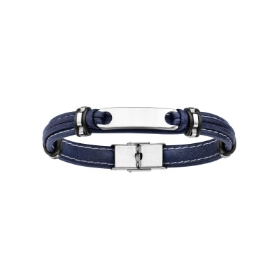 Bracelet acier et cuir bovin bleu marine avec plaque idd 21cm réglable