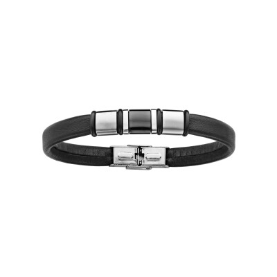 Bracelet acier et cuir bovin noir 21cm réglable