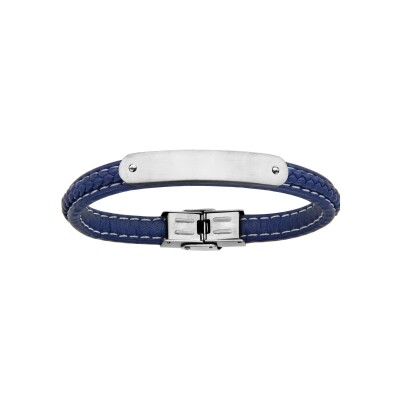 Bracelet acier et cuir tresse bovin bleu plaque idd 21cm réglable