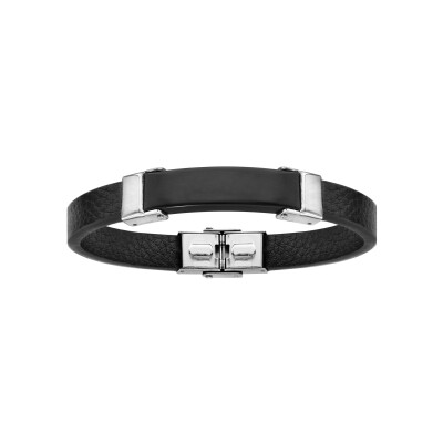 Bracelet acier et cuir bovin noir plaque idd pvd noir 21cm réglable