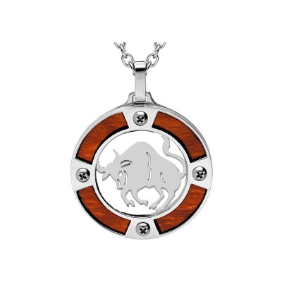 Collier acier pendentif rond zodiaque taureau aspect bois clair et vis cruciforme 50+5cm