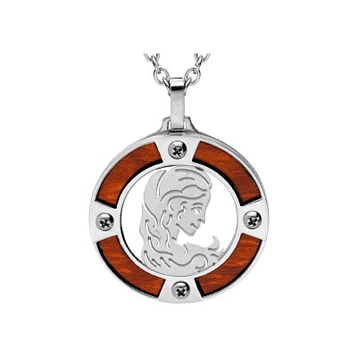 Collier acier pendentif rond zodiaque vierge aspect bois noir et vis cruciforme 50+5cm