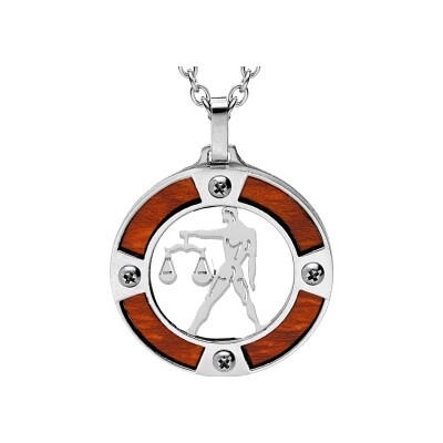 Collier acier pendentif rond zodiaque balance aspect bois clair et vis cruciforme 50+5cm