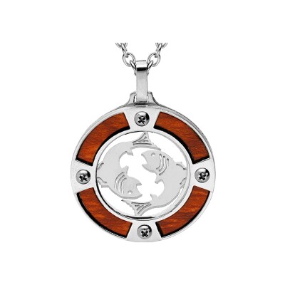 Collier acier pendentif rond zodiaque poisson aspect bois clair et vis cruciforme 50+5cm