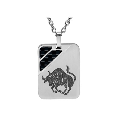 Collier acier pendentif rectangulaire zodiaque taureau 2 bandes carbone 50+5cm