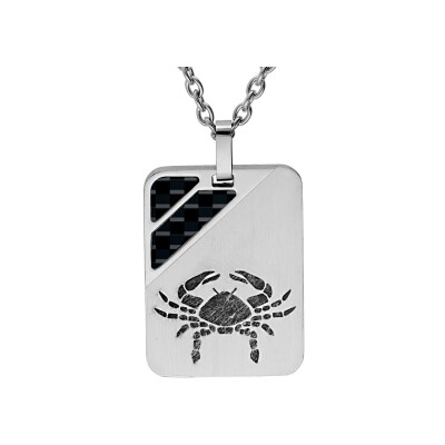 Collier acier pendentif rectangulaire zodiaque cancer 2 bandes carbone 50+5cm