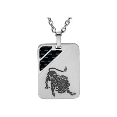 Collier acier pendentif rectangulaire zodiaque lion 2 bandes carbone 50+5cm