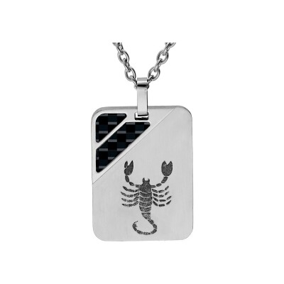 Collier acier pendentif rectangulaire zodiaque scorpion 2 bandes carbone 50+5cm