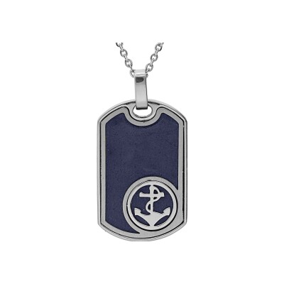 Collier acier pendentif rectangulaire cuir bovin bleu marine ancre 50+5cm