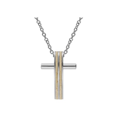 Collier acier pendentif croix 32 x 22mm aspect bois clair 50+5cm