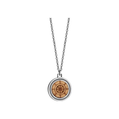 Collier acier pendentif centre en bois motif roue 50+5cm
