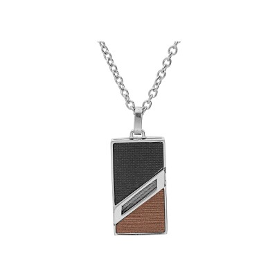 Collier acier pendentif rectangulaire aspect bois 50+5cm