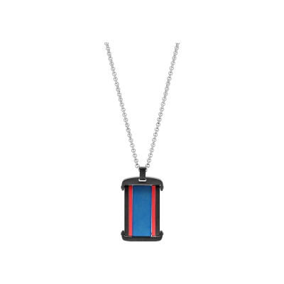 Collier acier chaîne avec pendentif rectangulaire pvd noir et bleu avec bande rouge aluminium 50+5cm