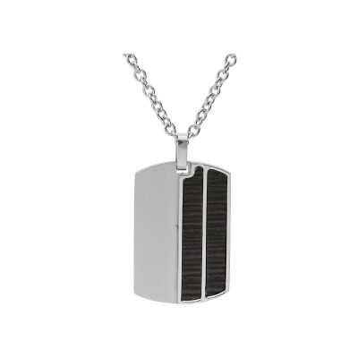 Collier acier pendentif rectangulaire 2 bandes aspect bois 50+5cm