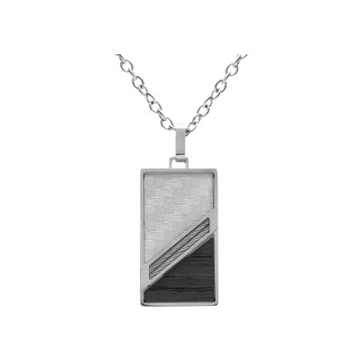 Collier acier pendentif rectangulaire croisillons câble et pvd noir 50+5cm