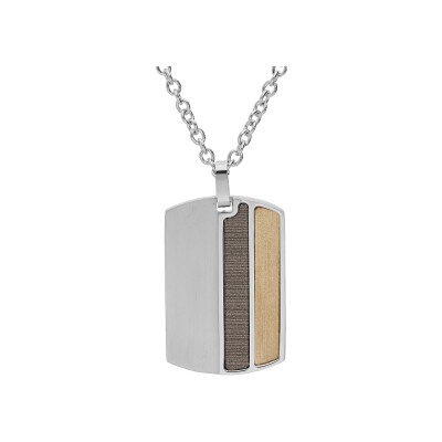 Collier acier pendentif rectangulaire 2 bandes et aspect bois 50+5cm