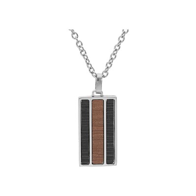 Collier acier pendentif rectangulaire et aspect bois marron et noir 50+5cm