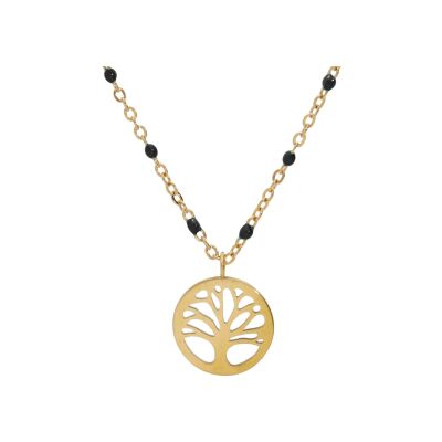 Collier acier et pvd doré résine noire avec arbre de vie 40+5cm
