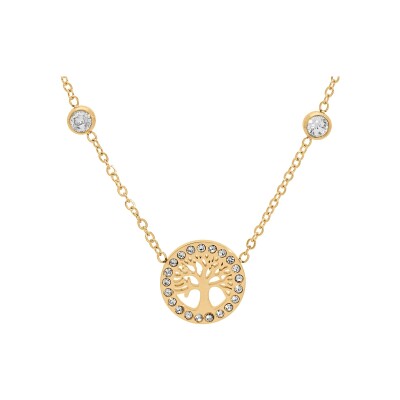 Collier acier et pvd doré avec infini et arbre de vie et oxydes blancs sertis 41+5cm