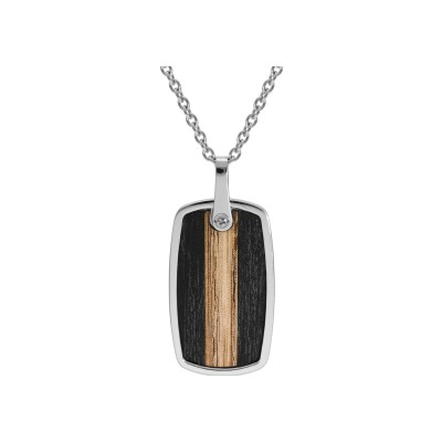Collier acier pendentif rectangulaire dim 35x20 mm aspect bois 55+5cm
