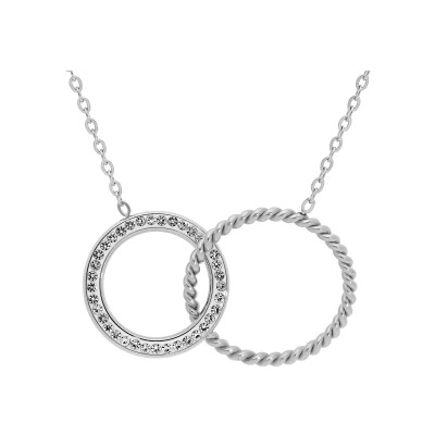 Collier acier double anneau entremêlé 1 avec oxydes blancs sertis et 1 torsadé 40+4cm (voir 130884)