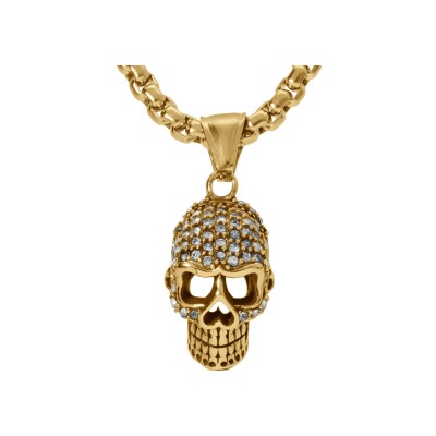 Collier acier doré pendentif tête de mort oxydes blancs 50+5cm