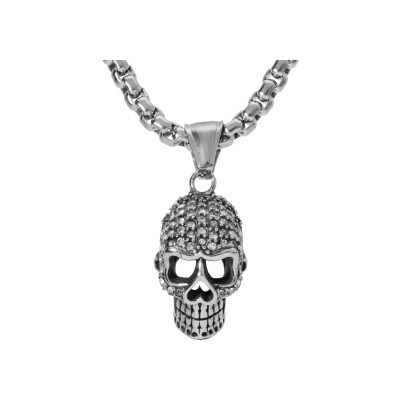 Collier acier pendentif tête de mort oxydes blancs 50+5cm