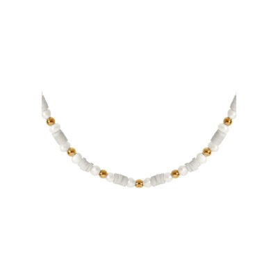 Collier acier et pvd doré rondelles blanches et perles de culture d'eau douce blanches véritable 37+5cm