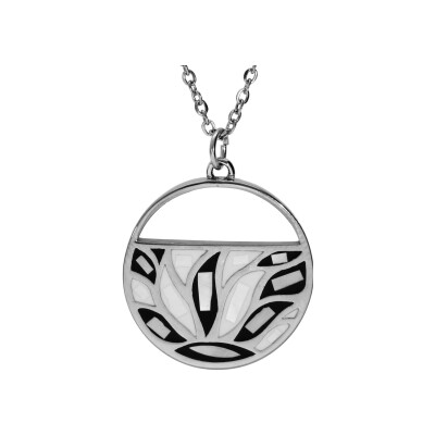 Collier acier stella mia pendentif rond résine et nacre blanche et noire 45+5cm