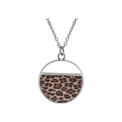 Collier acier pendentif rond avec résine léopard 45+5cm
