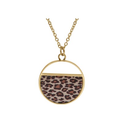 Collier acier doré stella mia pendentif rond avec résine léopard 45+5cm