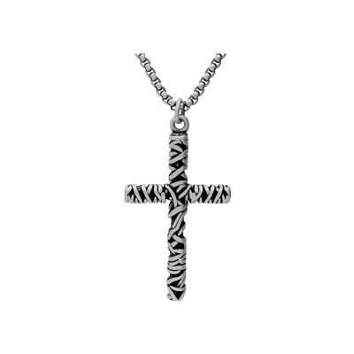 Collier acier pendentif croix dim 50mm x 35 mm en fil entremêlés 50+5cm