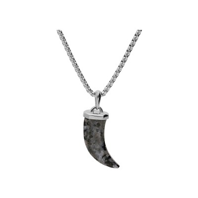 Collier acier pendentif corne 40 mm de long labradorite véritable 55+5cm