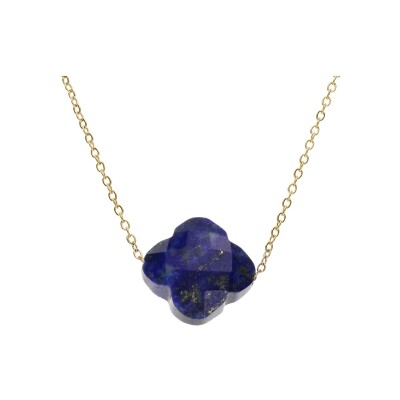 Collier acier pvd doré trèfle pierre imitation faceté bleu nuit 40+5cm