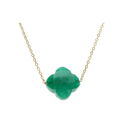 Collier acier pvd doré trèfle pierre imitation faceté verte 40+5cm